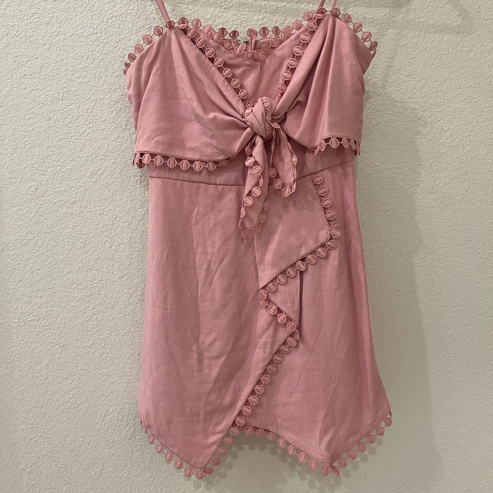Pink Romper with Pom-Pom Trim and Tie Front